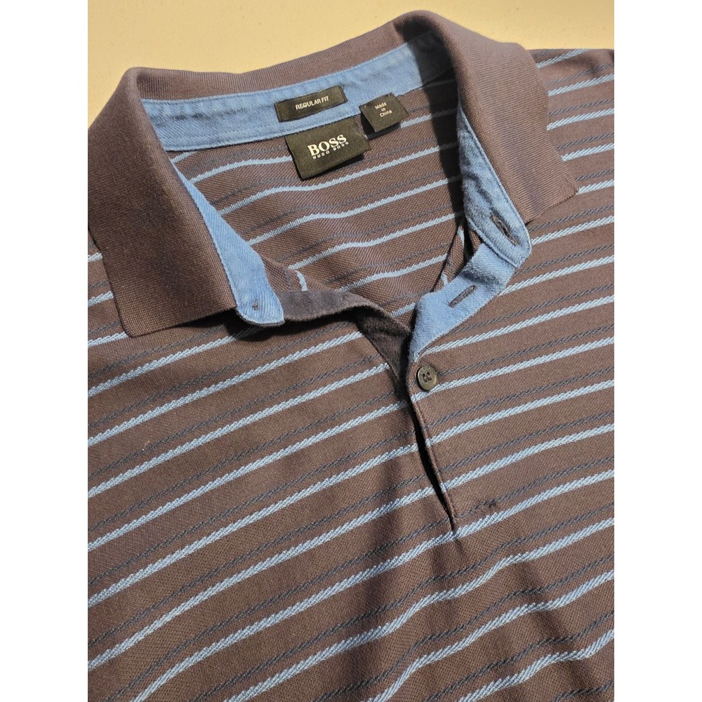Hugo Boss Polo Shirt Mens XL Brown Blue Cotton Stripe Regular Fit Designer Top